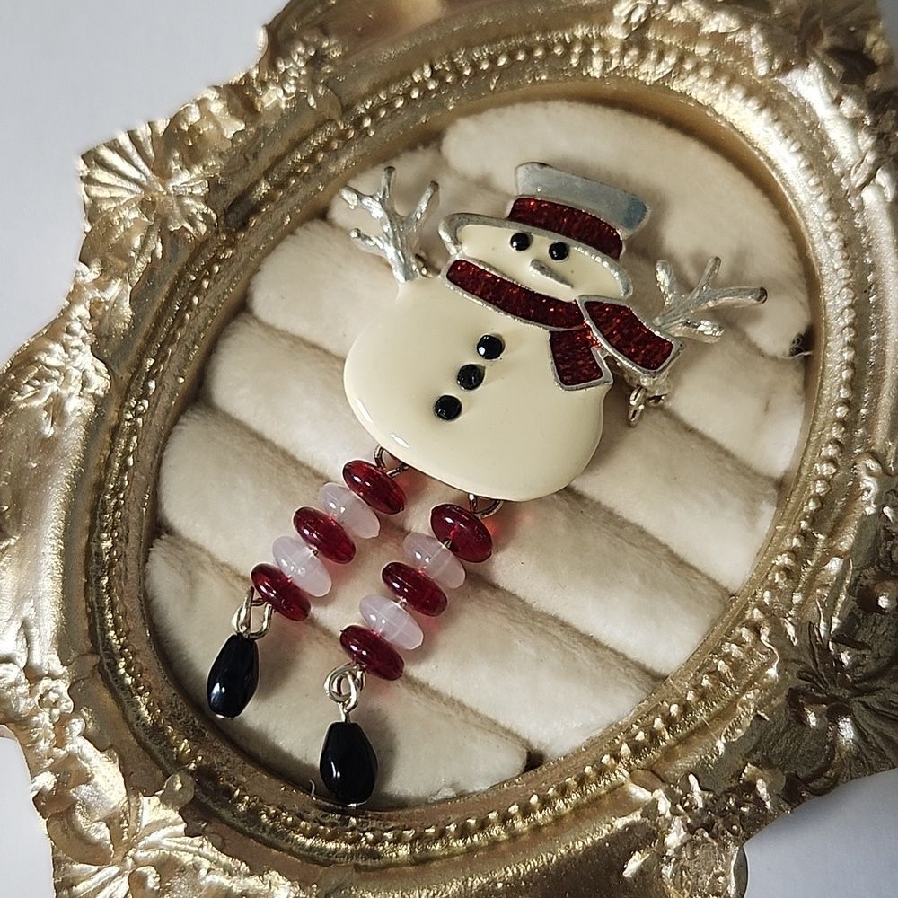 Vintage Christmas Snowman Enameled Brooch Dangle Beads Silver,Red ,White,Black,